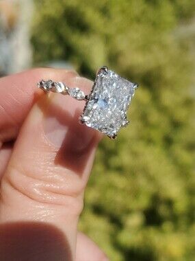 4 Carat Radiant Cut Hidden Halo w/ Round & Marquise Alternating Diamond Band Sz6